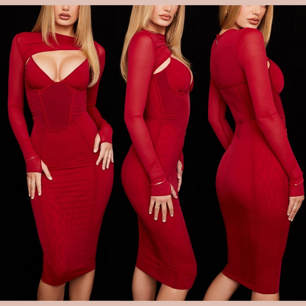 NEW $225 HOUSE OF CB [‎ XS ] BEATRICE Red Wine Corset Midi Dress #U1558